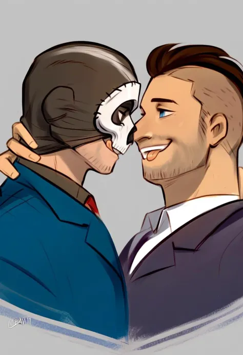 9_score,8_score_up,7_score_up,<lora:CODwarfareMalesPonyXL-000020:1>,ghost (modern warfare 2),soap (modern warfare 2),multiple boys,skull mask,male focus,mask,2boys,tongue,tongue out,asymmetrical hair,undercut,short hair,facial hair,yaoi,black jacket,jacket,looking at another,black hair,shirt,sidecut,twitter username,couple,bara,smile,blue eyes,collared shirt,white shirt,mature male,blue jacket,black shirt,from side,