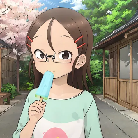 tenkawa_yukari, <lora:tenkawa_yukari_v2:0.8> village street, glasses, eating a popsicle, happy, buildings, trees, hairclip,, masterpiece, best quality