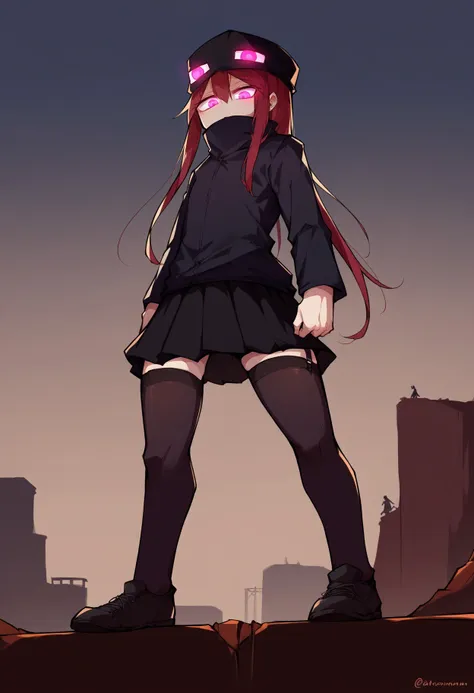 standing on cliff, looking down, from below, dark background,
Enderman-chan, black jacket, high collar, enderman hat, black skirt, black thighhigh, garter straps, shoes, glowing, glowing eyes
<lora:kushi_v1_1-000010:0.85> 
BREAK
score_9,score_8_up,score_7_up,score_6_up,score_5_up, detailed,  <lora:Enderman_XLPD:1>