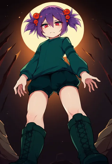 cavern, looking down, from below, dark background, 
spid3r, short twintails, purple hair, hair bobbles, green sweater, green shorts, green boots
<lora:kushi_v1_1-000010:0.85> 
<lora:mccavespider-pdxl-nvwls-v1:0.9> 
BREAK
score_9,score_8_up,score_7_up,score_6_up,score_5_up, detailed,