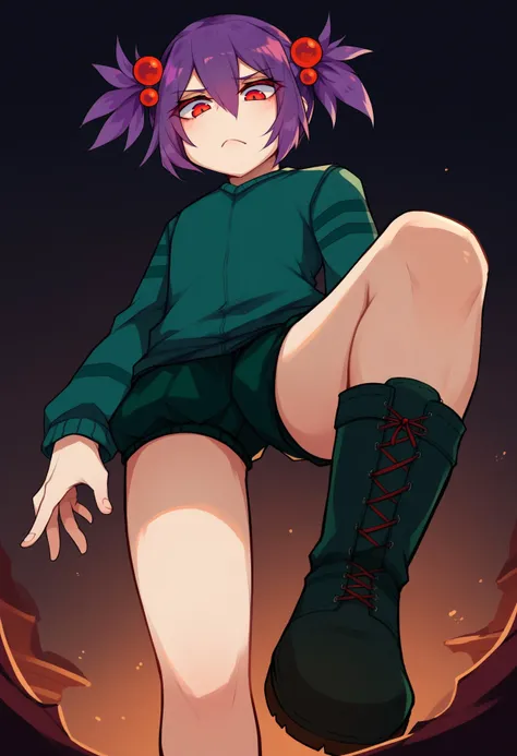 cavern, looking down, from below, dark background,
spid3r, short twintails, purple hair, hair bobbles, green sweater, green shorts, green boots
<lora:kushi_v1_1-000010:0.85>
<lora:mccavespider-pdxl-nvwls-v1:0.9>
BREAK
score_9,score_8_up,score_7_up,score_6_up,score_5_up, detailed,