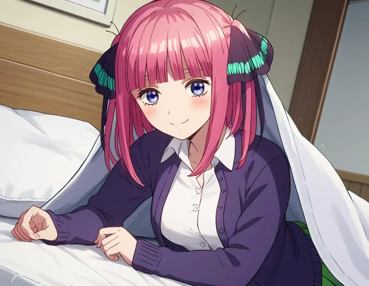 score_9, score_8_up, score_7_up, source_anime,
ninonakano, <lora:nino-nakano-s1-ponyxl-lora-nochekaiser:1>,
nino nakano, short hair, bangs, hair ornament, hair ribbon, pink hair, blunt bangs, two side up, butterfly hair ornament, mature female,
skirt, shirt, long sleeves, white shirt, pleated skirt, open clothes, collared shirt, sleeves past wrists, dress shirt, cardigan, green skirt, open cardigan, black cardigan,
indoors, bed, bed room, smile, blush, <lora:bed-invitation-ponyxl-lora-nochekaiser:1>, bed invitation, on bed, on side, pillow, under covers,
looking at viewer, cowboy shot, dutch angle, solo,