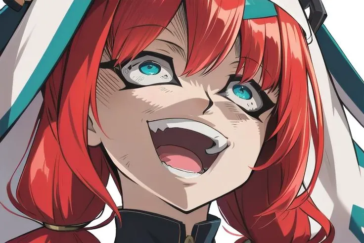 absurdres, highres, ultra detailed, 1girl, <lora:singesu_v1:0.75> singesu, crazy eyes, crazy smile, open mouth, looking at another,looking up, <lora:nirou:0.5>,long hair,red hair,parted bangs,aqua eyes,twintails,low twintails