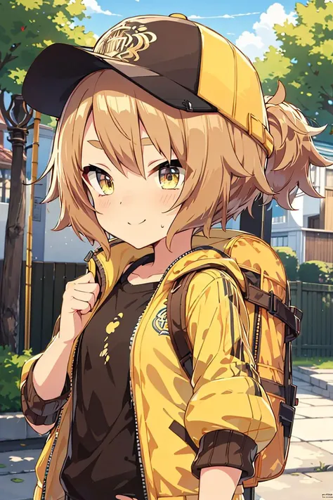 absurdres, highres, ultra detailed, satake may \(umamusume\), <lora:satake_may_v1.2:0.65>,yellow eyes,brown hair,short hair,short ,short ponytail,eyebrows,torn clothes,yellow jacket,short sleeves, open jacket,hooded jacket,brown shorts,yellow headwear,yellow backpack,outdoors,upper body,smile,