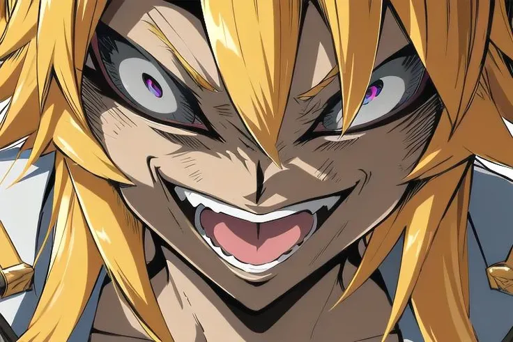 absurdres, highres, ultra detailed, 1girl,blonde hair, <lora:singesu_v1:0.7> singesu, crazy eyes, crazy smile, open mouth,looking at viewer,looking down