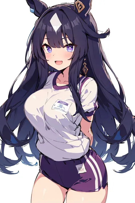absurdres, highres, ultra detailed, smile,open mouth,standing, looking at viewer,<lora:vir_sina_v1:0.65>,vir sina \(umamusume\),large breasts, long hair, purple eyes, dark blue hair,gym uniform, arms behind back,