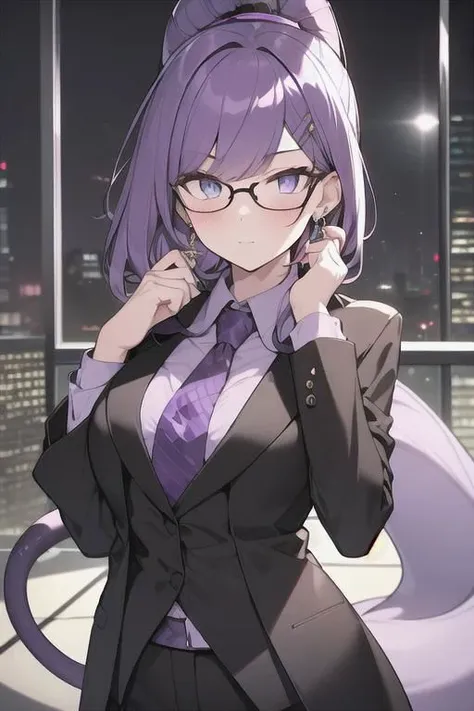 (masterpiece, best quality, perfect face, perfect eyes, detailed face, snake eyes:1.3), woman, snake lady, purple hair, neat hair, ponytail, purple gray eyes, (business suit, black suit, light purple shirt:1.2), purple tie, menacing, glasses, black gloves, (single earring, tassel earring, single tassel, purple tassel:1.2), office, windows, nightscape, night, city lights, skyscrapers, tilted head,