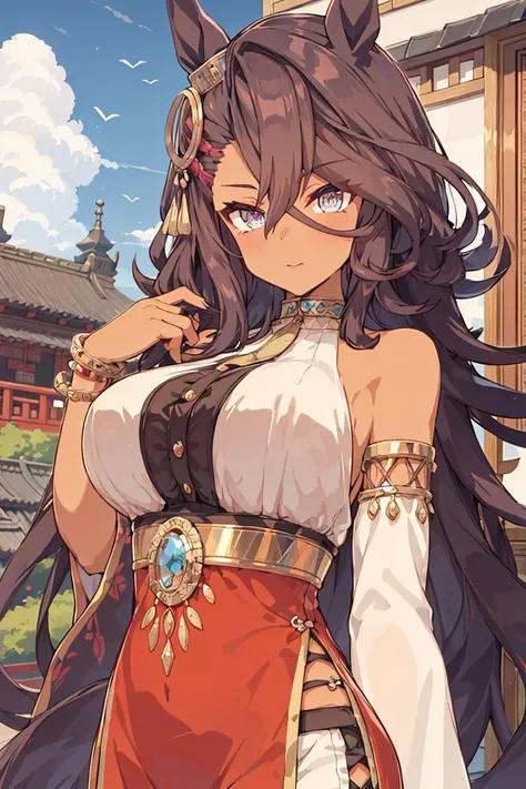 absurdres, highres, ultra detailed, <lora:rigantona_v1:0.7>,rigantona \(umamusume\),dark skin,dark-skinned female ,very long hair,large breasts,chinese clothes,white harem pants,long pelvic curtain,choker,pants,armlet,bracelet,outdoors,looking at viewer, upper body,