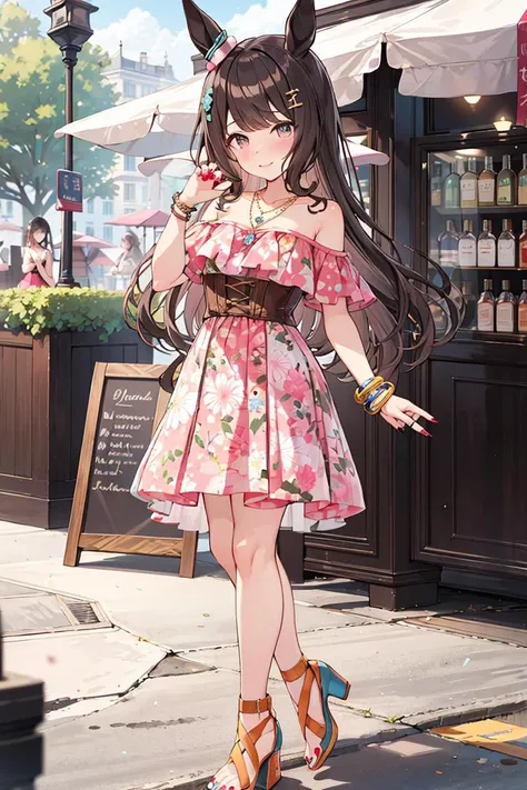 absurdres, highres, ultra detailed, <lora:tosen_jordan_Aurore_Vacances_v1.0:0.65>,tosen jordan \(umamusume\),long hair, ,official alternate costume,hair ornament,pink dress,off-shoulder dress,floral print,corset,necklace,jewelry,bracelet,collarbone,high heels,sandals,nail polish,standing,