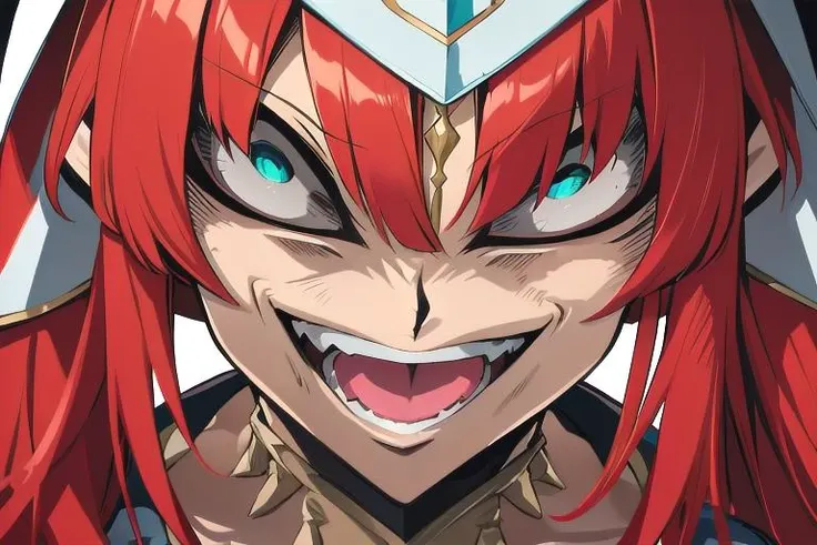 absurdres, highres, ultra detailed, 1girl, <lora:singesu_v1:0.75> singesu, crazy eyes, crazy smile, open mouth, looking at viewer,looking down <lora:nirou:0.6>,long hair,red hair,parted bangs,aqua eyes,twintails,low twintails