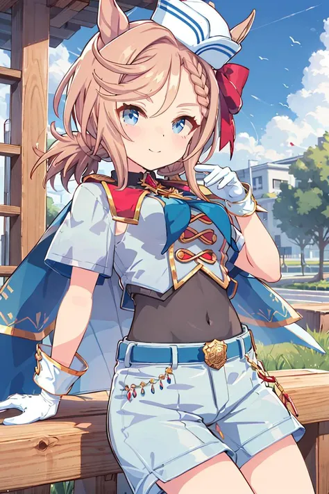 absurdres, highres, ultra detailed, <lora:venus_park_v1.4:0.9>,venus park \(umamusume\),blush,(bodysuit:1.3),((covered navel)),braid,short twintails,low twintails,short hair,mini hat,short sleeves,blue neckerchief,crop top,blue cropped jacket,shorts,single white gloves,single glove,jewelry,blue cape,belt, white socks,boots,looking at viewer, smile, outdoors,