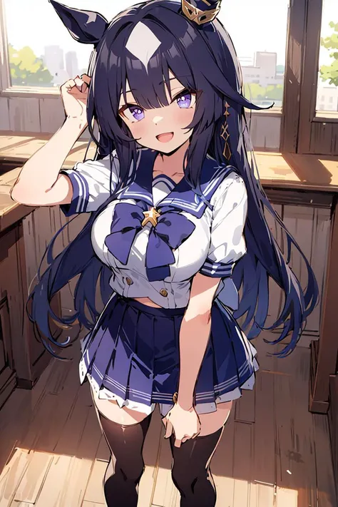 absurdres, highres, ultra detailed, smile,open mouth,standing, looking at viewer,<lora:vir_sina_v1:0.65>,vir sina \(umamusume\),large breasts, long hair, purple eyes, dark blue hair, tracen school uniform, summer uniform, serafuku, puffy short sleeves, bowtie, horseshoe ornament, sailor collar, sailor shirt, frills, white skirt, purple shirt, miniskirt, zettai ryouiki, white thighhighs, brown footwear, shoes