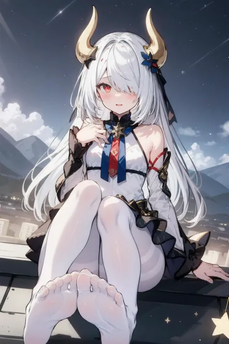 1girl,white pantyhose,foot focus, lora_better_feet,((beautiful detailed eyes)), (detailed light),depth of field,(white hair),(red eyes), gold horn,(tail),hair over one eye, hair flower,long hair, small breasts, sky, star (sky), scenery, starry sky, night,starfall,sketch,intense shadows, <lora:better_feet_lion:0.8> <lora:stylePalesilver_v10:0.7>