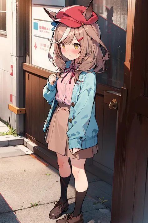 absurdres, highres, ultra detailed, blush,,matikane tannhauser \(umamusume\), <lora:matikane_tannhauser_v1.1_e15:0.7>,casual,neck ribbon,blue cardigan,pink shirt,long sleeves,collared shirt,shirt tucked in,brown skirt,neck ribbon,red headwear,black socks,brown footwear,standing,