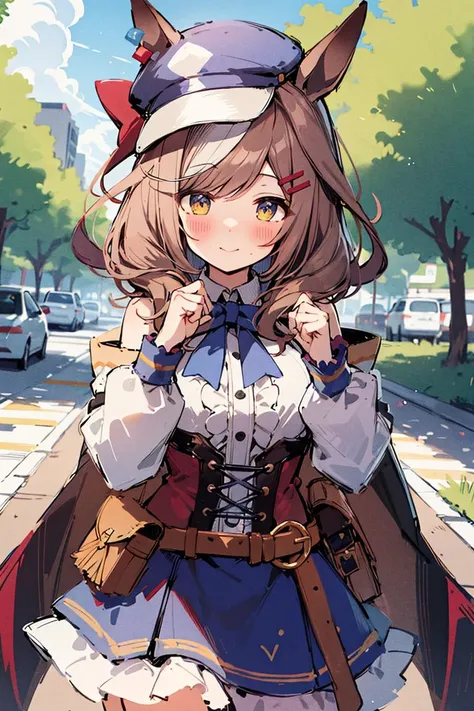 absurdres, highres, ultra detailed, blush,,matikane tannhauser \(umamusume\), <lora:matikane_tannhauser_v1.1_e15:0.7>,cabbie hat, blue headwear, blue bowtie, cape, white shirt, collared shirt, shoulder cutout, puffy long sleeves, center frills, corset, belt pouch, belt, blue skirt, frilled skirt,outdoors,