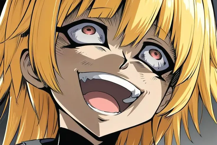 absurdres, highres, ultra detailed, 1girl,blonde hair, <lora:singesu_v1:0.7> singesu, crazy eyes, crazy smile, open mouth,looking at another,looking up