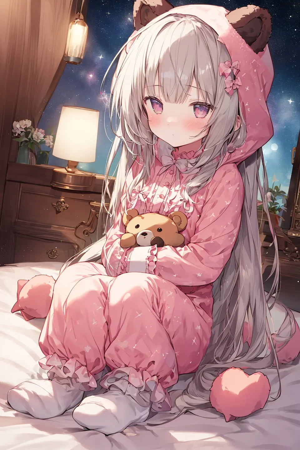 (NSFW:0.9),(:1.4), solo, full body, sitting, dynamic angle, white hair, flat chest, frilled, 3yo, brown hair, long hair, night, starry sky, dark, sleepy, want to sleep, animal ears hood, holding teddy bear, covered breasts,shy, blush,A young girl in pajamas holding a large stuffed animal, with a shy expression on her face, in a bedroom setting, The composition should exude a blend of sensuality and innocence, The background should be visually captivating,