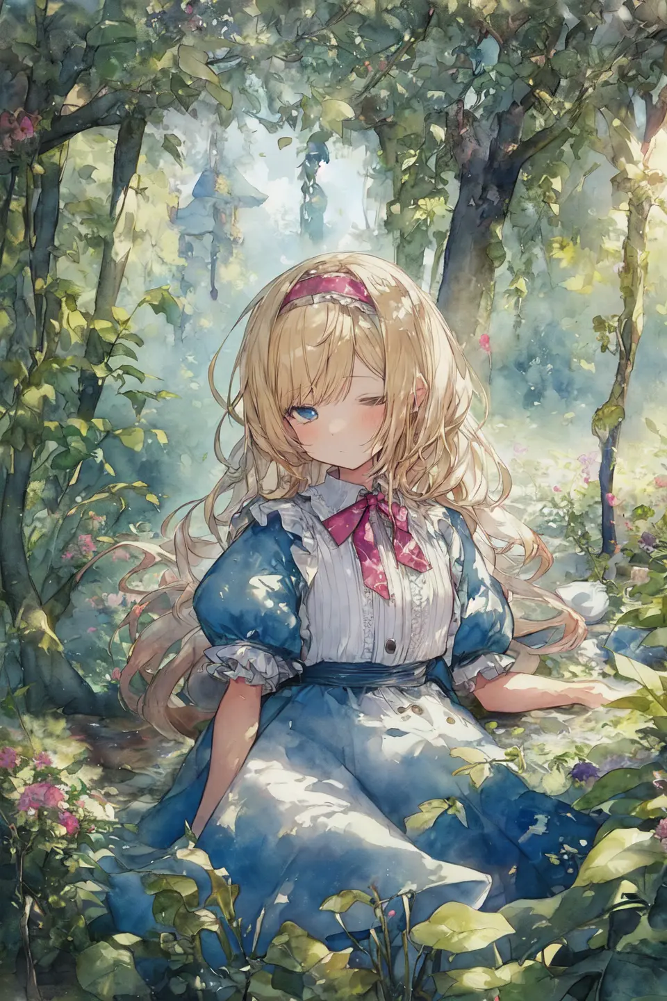 (detailed description)+,(best quality)+,(extremely detailed)+,(masterpiece)+,(ultra detailed)+,(best illustration)++,(best shadow),original, illustration, best quality, masterpiece, dynamic angle, detailed beautiful background, depth of field, beautiful light and shadow, girl, blonde hair, blue eyes, long hair,hairband, ribbon,small breasts,((Alice in Wonderland)) , fairytale,art brush,((watercolor \(medium\))),
Sleepy,under the tree,lusty, alluring, temptation,
she was considering in her own mind (as well as she could, for the hot day made her feel very sleepy and stupid),