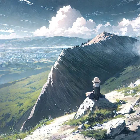 grainy,extremely detailed,masterpiece, high quality,girl on cliff on front of big mountain