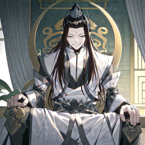 high quality, masterpiece,detailed, <lora:gu_changge2-10:1> ,gu changge, chinese clothes, black eye,s hanfu male, menacing smile, sitting on throne, dynamic lighting, dark lighting