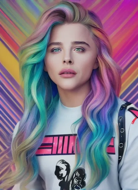 a award winning half body portrait of a beautiful (sks woman) with stunning eyes in a printed croptop and cargo pants with rainbow colored ombre hairstyle head in motion and hair flying by josan gonzales, outrun, vaporware, shaded flat illustration, digital art, trending on artstation, highly detailed, fine detail, intricate