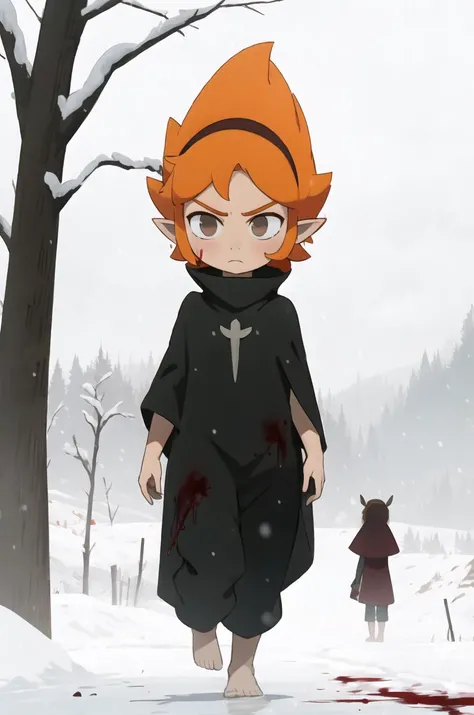 Elely, 1girl, masterpiece, best quality, solo, barefoot, orange hair, brown eyes, pointy ears, red hairband, expressionless, black tunic, sarong, black pants, cloak, holding cloak, blood, walking, snow, snowy, mist, outdoors, (fog), walking toward user, frown, <lora:Elely:0.85>