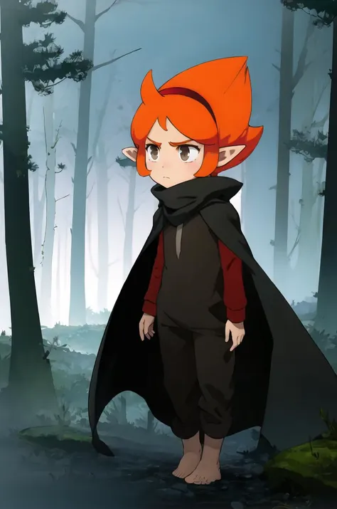 Elely, 1girl, masterpiece, best quality, solo, barefoot, orange hair, brown eyes, pointy ears, red hairband, expressionless, black pants, brown shirt, black cape, night, fog, mist, forest, trees, mushrooms, bioluminescence, frown, looking away, wanderer, <lora:Elely:0.85>