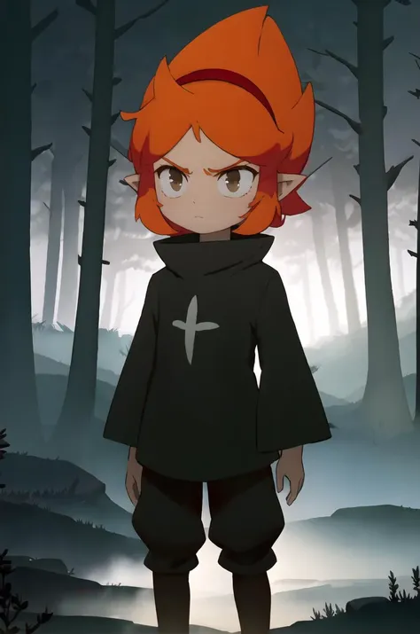 Elely, 1girl, masterpiece, best quality, solo, barefoot, orange hair, brown eyes, pointy ears, red hairband, expressionless, black pants, brown shirt, black cape, night, fog, mist, forest, trees, mushrooms, bioluminescence, frown, looking away, wanderer, <lora:Elely:0.85>