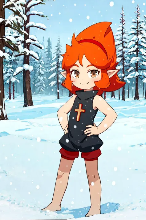 Elely, 1girl, masterpiece, best quality, barefoot, orange hair, brown eyes, pointy ears, red hairband, sleeveless, red shorts, black outfit, layered clothing, baggy clothing, cross, smile, hands on hips, forest, snow, snowing, looking at viewer <lora:Elely:0.85>