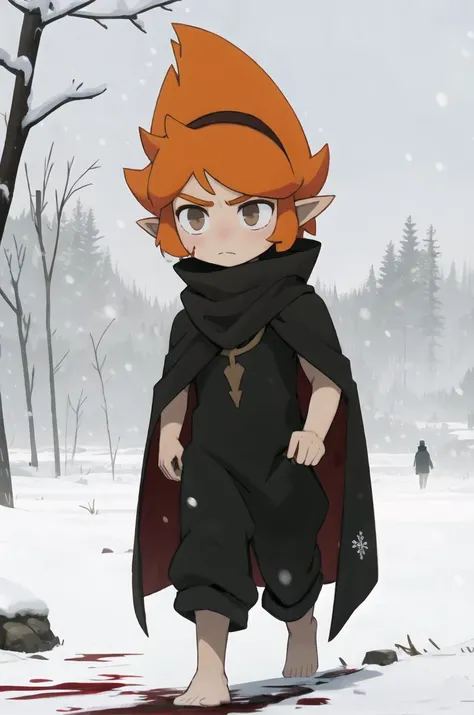 Elely, 1girl, masterpiece, best quality, solo, barefoot, orange hair, brown eyes, pointy ears, red hairband, expressionless, black tunic, sarong, black pants, cloak, holding cloak, blood, walking, snow, snowy, mist, outdoors, (fog), walking toward user, frown, <lora:Elely:0.85>