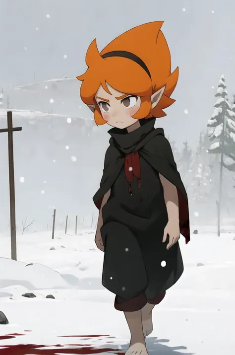 Elely, 1girl, masterpiece, best quality, solo, barefoot, orange hair, brown eyes, pointy ears, red hairband, expressionless, black tunic, sarong, black pants, cloak, holding cloak, blood, walking, snow, snowy, mist, outdoors, (fog), walking toward user, frown, <lora:Elely:0.85>