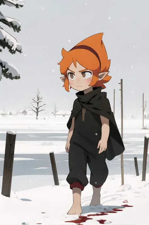 Elely, 1girl, masterpiece, best quality, solo, barefoot, orange hair, brown eyes, pointy ears, red hairband, expressionless, black tunic, sarong, black pants, cloak, holding cloak, blood, walking, snow, snowy, mist, outdoors, (fog), walking toward user, frown, <lora:Elely:0.85>