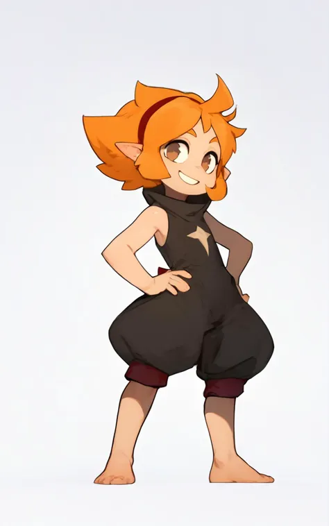 score_9, score_8_up, score_7_up,((best quality)), absurdres,((full body)),<lora:3d-2d:0.8>, <lora:ElelyPXL:0.8>,ElelyPXL,barefoot, orange hair, brown eyes,pointy ears,red hairband,sleeveless,baggy clothing,black clothes,white background,slim,standing,hand in hip,smile