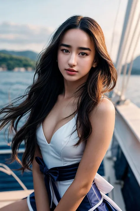 (in 8K、 Raw photography、top-quality,、hight resolution),、(hyper realisitic)、(realisitic),、Soft light、、girl with、Lifelike face、Realistic body、real looking skin、absurderes、​masterpiece、Cuties、独奏、Innocent eyes、blusher、Cinema Lights、cherry colored lips、The hair 、a closeup、looking at viewert、 Open lips,、Upper teeth,、(Smiling eyes:0.6)、eyes focus、professionally lit、CG Social Trends、Plastic En、((Black Long Hair))、((Beautuful Women))、(A smile)、Fashionable、A sexy、Hair that flutters in the wind、((Flowing hair))、Happy -、fashion magazine、((lighting like a movie))、((mountain hut))、((playing in the water))