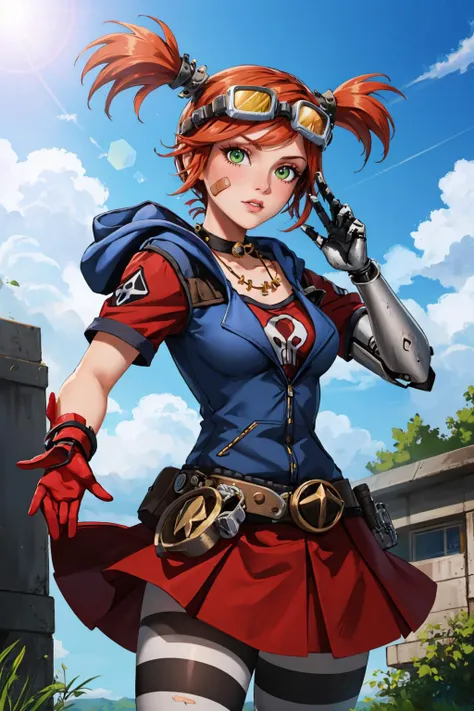 masterpiece, best quality, 1girl, solo, looking at viewer,  <lora:gaigebl2-guy-v2:.95>, gaigebl2, goggles on head, twintails, freckles, bandaid on face, single mechanical arm, choker, gloves, belt,  skirt, striped pantyhose, hood, necklace, torn clothes, outdoors, lens flare, depth of field,