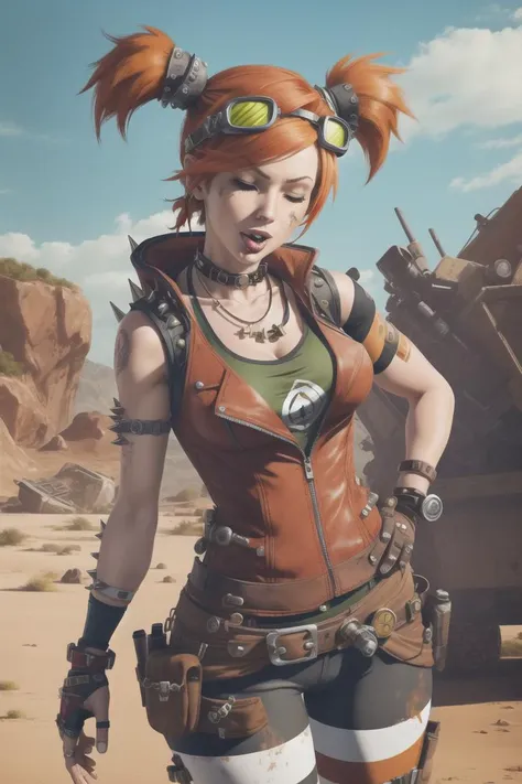 <lora:gaige:0.8>, gaige, masterpiece, best quality, 1girl, solo, gloves, twintails, one eye closed, striped, fingerless gloves, jewelry, goggles, spikes, breasts, short twintails, red hair, pantyhose, green eyes, necklace, goggles on head, hand on hip, orange hair, cleavage, belt, boots, bracelet, earrings, medium breasts, tongue out, vest, tongue, hair ornament, cowboy shot, studded belt, outdoors, single mechanical arm, prosthetic arm, prosthesis