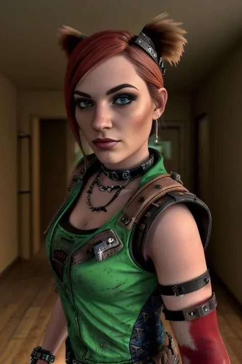 hair-raising 22yo post-apocalyptic <lora:gaige:0.95> gaige, hairband, short twintails, red hair, green eyes, bandaid, choker, collar, fingerless gloves, striped pantyhose, leather, belt, boots, bracelet, vest, jewelry, spikes, necklace, cleavage, earring <lora:crop_top_clothing:0.6> wearing crop_top_clothing, visible_belly, midriff, navel, dynamic pose, action scene, lying, lying on back , BREAK ((photorealistic), realistic face), medium breasts, beautifully detailed woman, realistic face, detailed mouth, extremely detailed eyes_and_face, beautiful attractive face, beautiful detailed eyes, (photorealistic), pronounced feminine feature, matte eyeshadow, eyelashes, eyeliner, perfect fit body, smooth skin, dynamic posing, toned body, flat belly, perfect feminine hands, BREAK color HD photo, Macro, (full-body shot, high quality photo, masterpiece), HDR, 8K resolution, analogue RAW DSLR, best quality, absurdres, vivid vibrant colors, skin pores, intricate detail, (intricately detailed face_and_eyes), realistic human hands, sophisticated detail, (realistic lighting, sharp focus), centerfold, bokeh, official art, 8k wallpaper, ultra high res, professional photography
