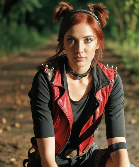 <lora:difConsistency_photo:1> gratifying 22yo post-apocalyptic <lora:gaige:0.95> gaige, hairband, short twintails, red hair, green eyes, bandaid, choker, collar, fingerless gloves, striped pantyhose, leather, belt, boots, bracelet, vest, jewelry, spikes, necklace, cleavage, earring, , dynamic pose, suggestive posing, sexy BREAK ((photorealistic), realistic face, medium breasts), beautifully detailed woman, realistic face, detailed mouth, extremely detailed eyes_and_face, beautiful attractive face, beautiful detailed eyes, pronounced feminine feature, matte eyeshadow, eyelashes, eyeliner, perfect body, smooth skin BREAK   color HD photo, ,Wildlife photography,, (full body, high quality photo, masterpiece), HDR, 8K resolution, analogue RAW DSLR, best quality, absurdres, vivid vibrant colors, skin pores, intricate detail, (intricately detailed face_and_eyes), realistic human hands, sophisticated detail, (realistic lighting, sharp focus), centerfold, bokeh, official art, 8k wallpaper, ultra high res, professional photography