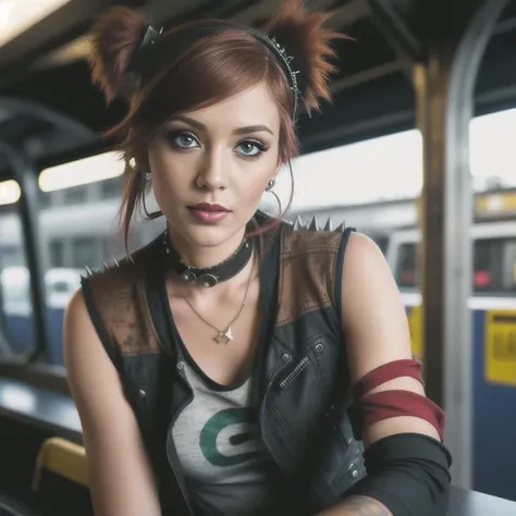 <lora:difConsistency_photo:0.5> Posing as if pulling a rope, in the metro BREAK yummy 22yo post-apocalyptic <lora:gaige:0.95> gaige, hairband, short twintails, red hair, green eyes, bandaid, choker, collar, fingerless gloves, striped pantyhose, leather, belt, boots, bracelet, vest, jewelry, spikes, necklace, cleavage, earring, (kimono lift, dynamic posing, from front) , ((photorealistic), realistic face), medium breasts, beautifully detailed woman, realistic face, detailed mouth, extremely detailed eyes_and_face, beautiful attractive face, beautiful detailed eyes, (photorealistic), pronounced feminine feature, matte eyeshadow, eyelashes, eyeliner, perfect fit body, smooth skin, dynamic posing, toned body, flat belly, perfect feminine hands BREAK color HD photo, Flickering light, (full-body shot, high quality photo, masterpiece), HDR, 8K resolution, analogue RAW DSLR, best quality, absurdres, vivid vibrant colors, skin pores, intricate detail, (intricately detailed face_and_eyes), realistic human hands, sophisticated detail, (realistic lighting, sharp focus), centerfold, bokeh, official art, 8k wallpaper, ultra high res, professional photography