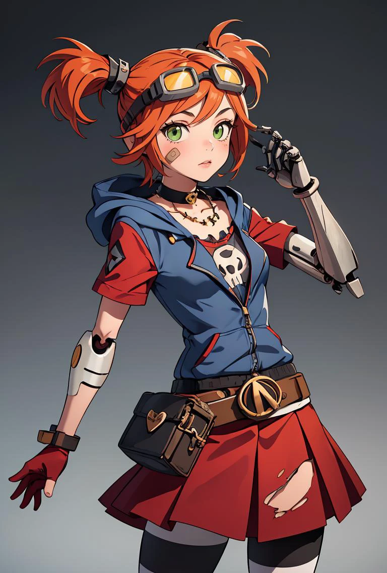 (masterpiece, best quality), 1girl, <lora:gaigebl2-guy-v2:0.8> gaigebl2, twintails, freckles, single mechanical arm, goggles on head, bandaid on face, choker, gloves, belt, skirt, striped pantyhose, hood, necklace, torn clothes