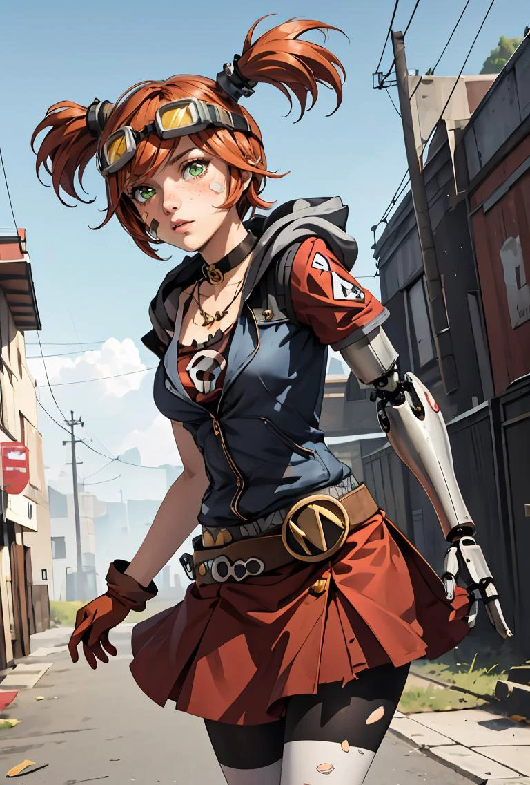 (masterpiece, best quality), 1girl, <lora:gaigebl2-guy-v2:0.8> gaigebl2, twintails, freckles, single mechanical arm, goggles on head, bandaid on face, choker, gloves, belt, skirt, striped pantyhose, hood, necklace, torn clothes