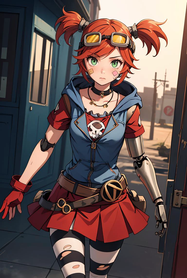 (masterpiece, best quality), 1girl, <lora:gaigebl2-guy-v2:0.8> gaigebl2, twintails, freckles, single mechanical arm, goggles on head, bandaid on face, choker, gloves, belt, skirt, striped pantyhose, hood, necklace, torn clothes