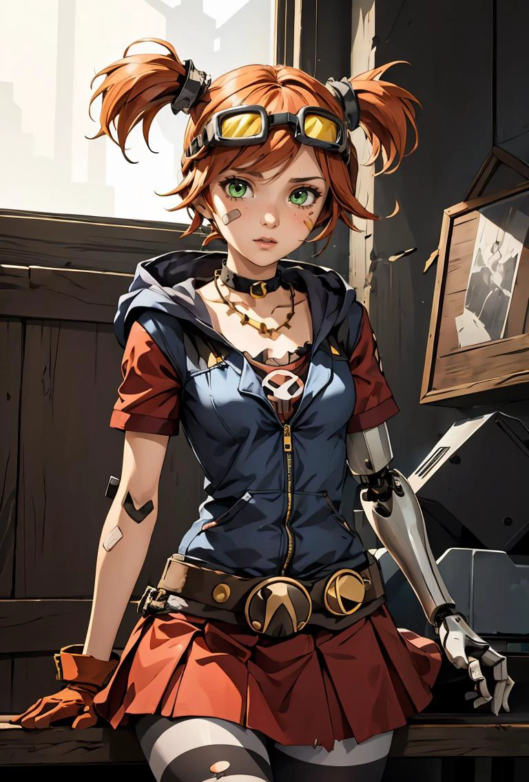 (masterpiece, best quality), 1girl, <lora:gaigebl2-guy-v2:0.8> gaigebl2, twintails, freckles, single mechanical arm, goggles on head, bandaid on face, choker, gloves, belt, skirt, striped pantyhose, hood, necklace, torn clothes
