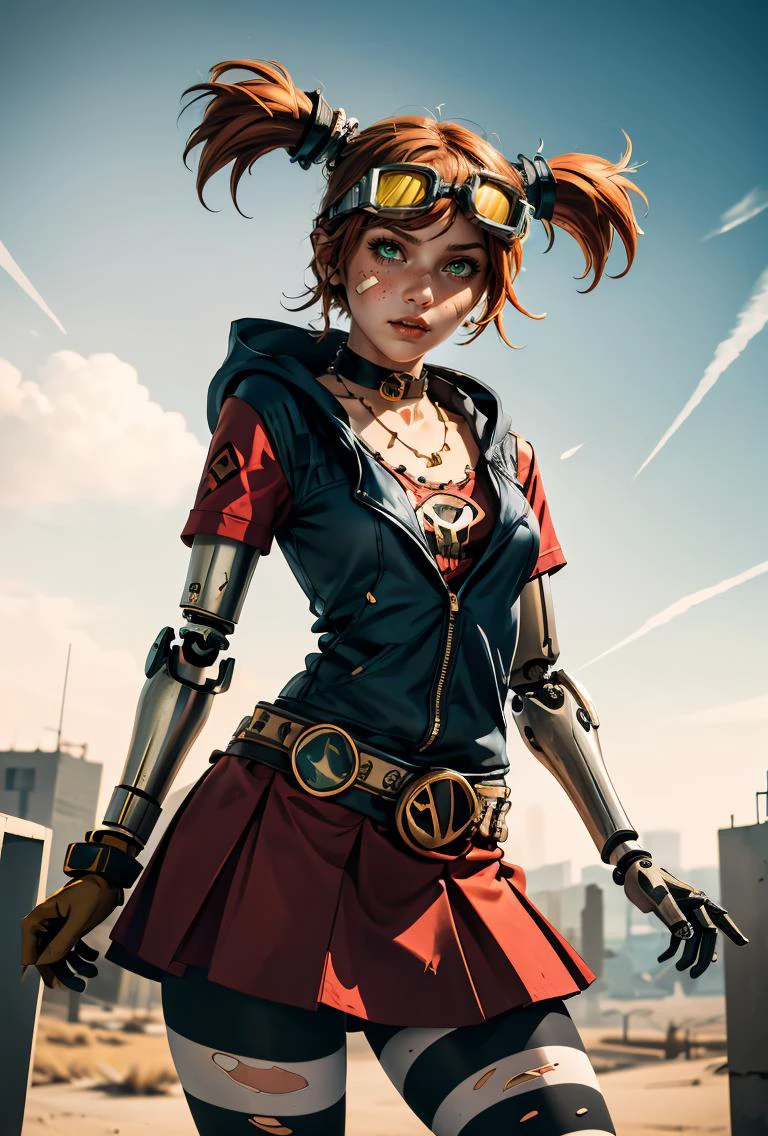(masterpiece, best quality), 1girl, <lora:gaigebl2-guy-v2:0.8> gaigebl2, twintails, freckles, single mechanical arm, goggles on head, bandaid on face, choker, gloves, belt, skirt, striped pantyhose, hood, necklace, torn clothes