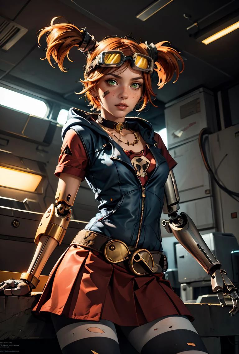 (masterpiece, best quality), 1girl, <lora:gaigebl2-guy-v2:0.8> gaigebl2, twintails, freckles, single mechanical arm, goggles on head, bandaid on face, choker, gloves, belt, skirt, striped pantyhose, hood, necklace, torn clothes