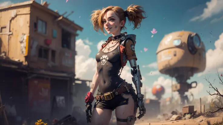 <lora:gaige:0.8>, gaige, masterpiece, best quality, 1girl, green eyes, solo, goggles, jewelry, twintails, brown hair, dirty, necklace, breasts, dirty face, bandaid, bandaid on face, robot, smiling, lips, prosthesis, sky, collar, choker, mechanical arms, upper body, small breasts, sign (bloom, HDR:1.2), <lora:detailmaker:1> <lora:_beautiful_detailed_eyes:0.7>