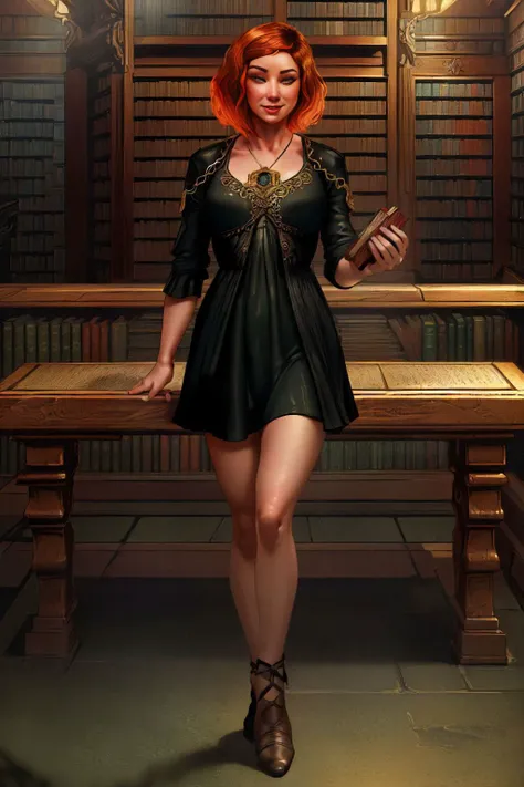 1girl, (full body focus:1.5), fine-details, flat-colors, depth, warm colors, high contrast, subsurface scattering, depth of field, film grain, high contrast, Canon EOS in natural style photography, socalexia,
alexialibrary, armband, black dress, long skirt, long sleeves, large breasts,
(fantasy library:1.5), (lusty and seductive smile:1.2), (beautiful face:1.5),
(RAW photo), (masterpiece:1.5), (best quality:1.1), (intricate details:1.2), (ultra detailed), (realistic:1.5), (photorealistic:1.5), (hyper realistic:1.4), (8k, 4k), intricate, absurdres, award_winning, (volumetric lighting:1.1), (highly detailed:1.2), (detailed face:1.2), (detailed eyes:1.2), (Detailed background:1.2),
<lora:SOCAlexia2:.9>