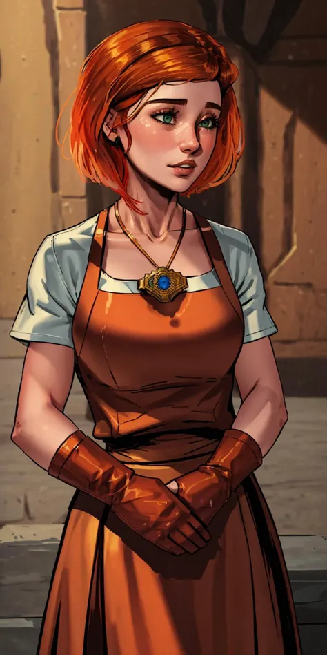 (sfw), ((masterpiece photograph))):2.5,(((cowboy portrait))):1.5,(((candid shot))):3, lineart,fine-details,flat-colors,depth,warm colors, high contrast, subsurface scattering, f2, depth of field, film grain, illustration, high contrast, (secret:0.9), Canon EOS in natural style photography, THEPIT, BREAK, socalexia, alexiabreeder, (shirt, dress, gloves, jewelry, green eyes, white shirt, short sleeves, red hair, necklace, orange hair, apron, headband, brown gloves, brown apron, pendant, short hair, bandana, brown dress), in a dark cave, dungeon, as a jailer, bars in background, BREAK, <lora:SOCAlexia2-09:.9>