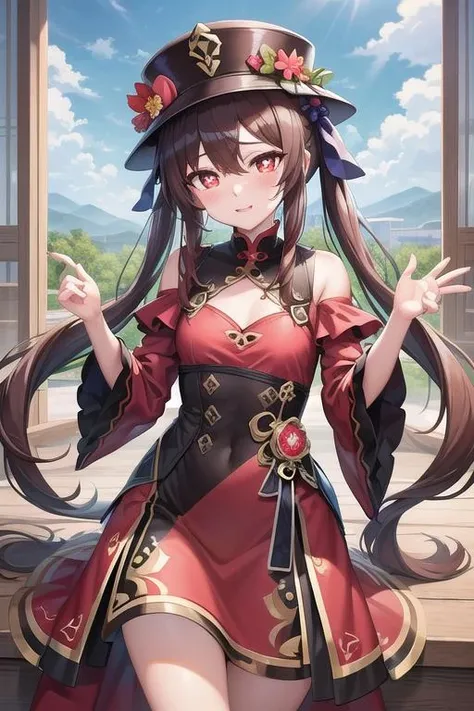 (best quality), (masterpiece), ((beautiful:0.75) cute girl:0.75), [clear and clean] pixiv (illustration), (HuTao/(GenshinImpact/)), red eyes, flower-shaped pupils, hat, long brown hair, twintails, dress, wide sleeves, <lora:HuTaoHD:0.75>