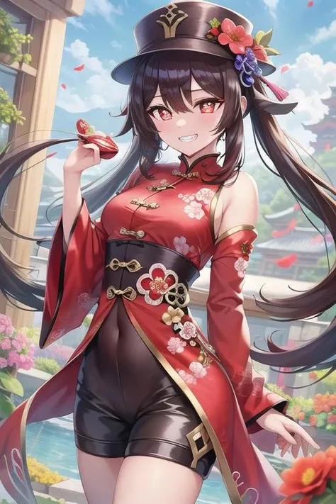 (best quality), (masterpiece), ((beautiful:0.75) cute girl:0.75), [clear and clean] pixiv (illustration), (HuTao/(GenshinImpact/)), red eyes, flower-shaped pupils, hat, long brown hair, bangs, twintails, chinese clothes, black shorts, wide sleeves, grin, <lora:HuTaoHDX:0.75>